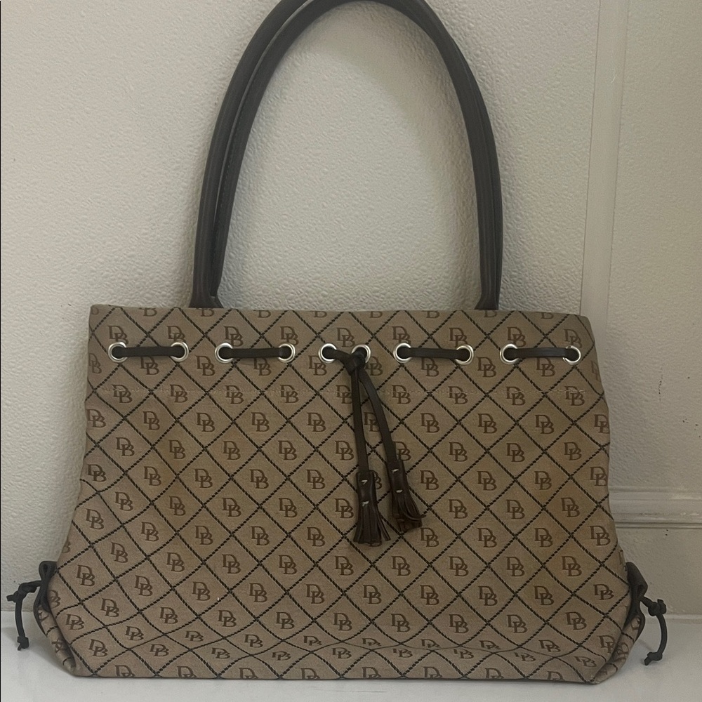 Dooney & Bourke Beige Monogram Tote with Brown Trim